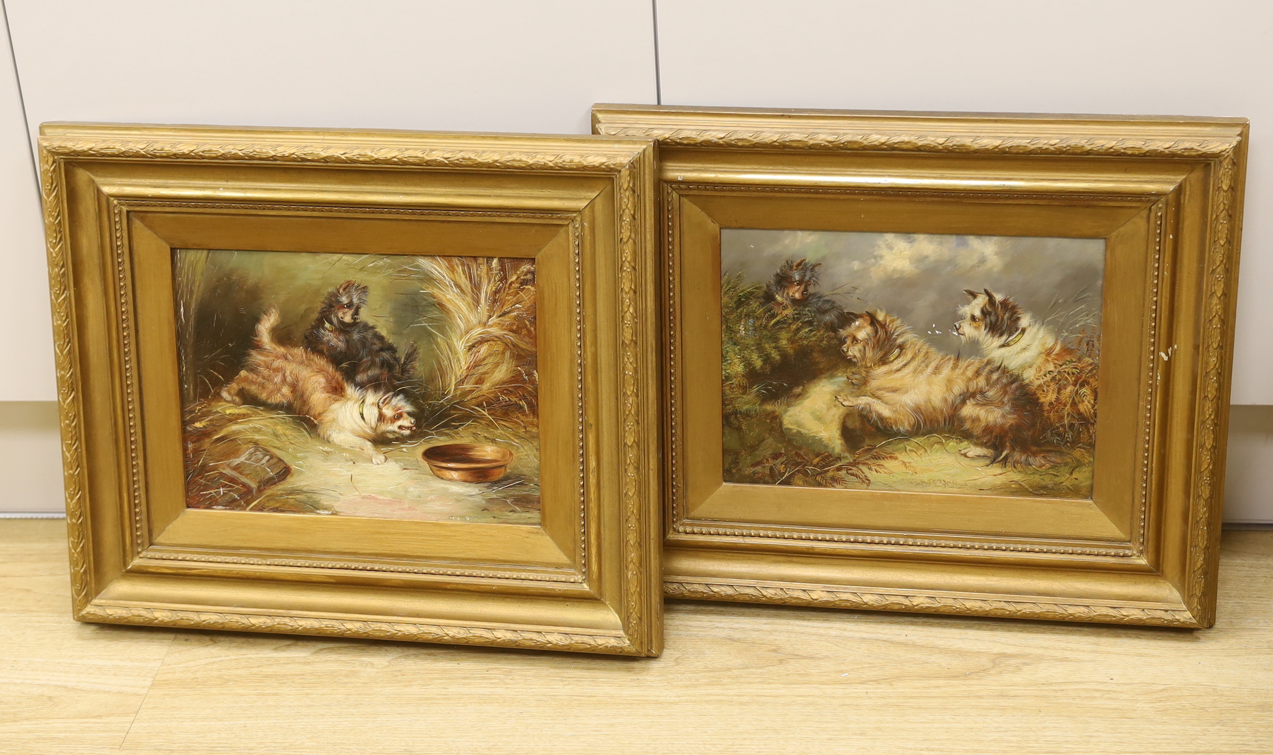 20th century School, pair of oils on board, 'Cairn terriers before landscapes', unsigned, each 22 x 29cm, ornate gilt framed